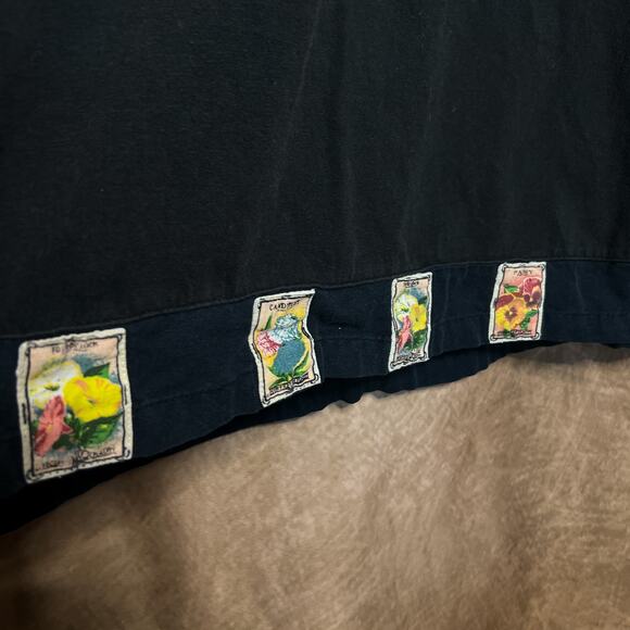 Vintage 90s Black Sleeveless Patchwork Garden Seed Packet Shift Dress Cottage - Picture 5 of 11
